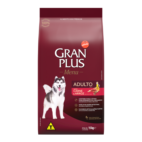 00163 Gran Plus Menu Cão Adulto Médio Grande Carne e Arroz 15kg NOVA PLANTA FRONTAL