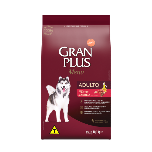 00302 Gran Plus Menu Cão Adulto Médio Grande Carne e Arroz 10,1kg FRONTAL